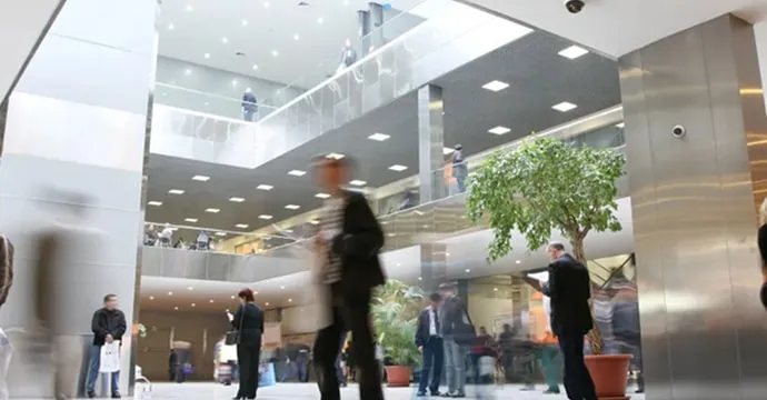 Modern office lobby with controlled entry