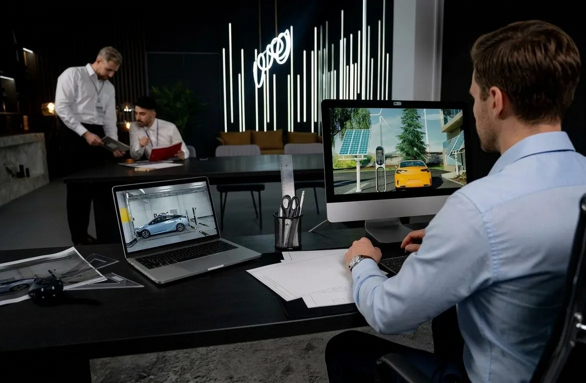 Team working on computers in a modern office