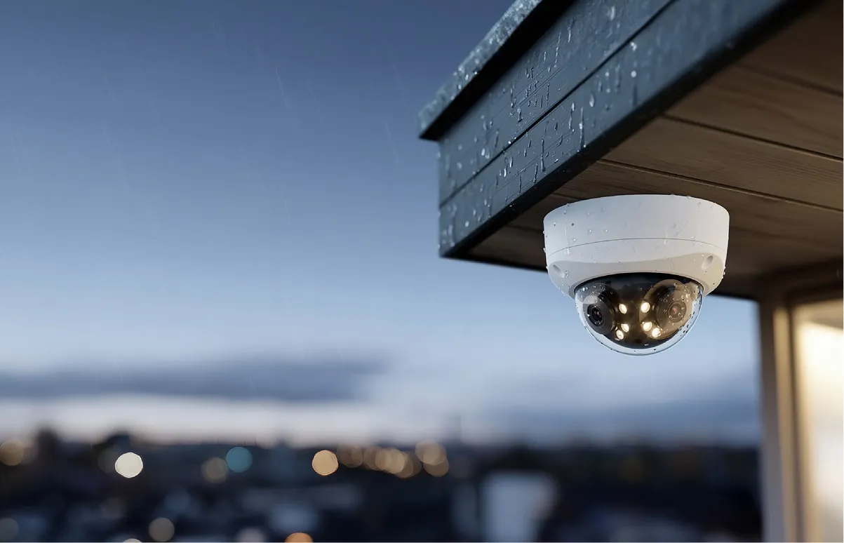 Outdoor dome camera mounted under a roof at dusk