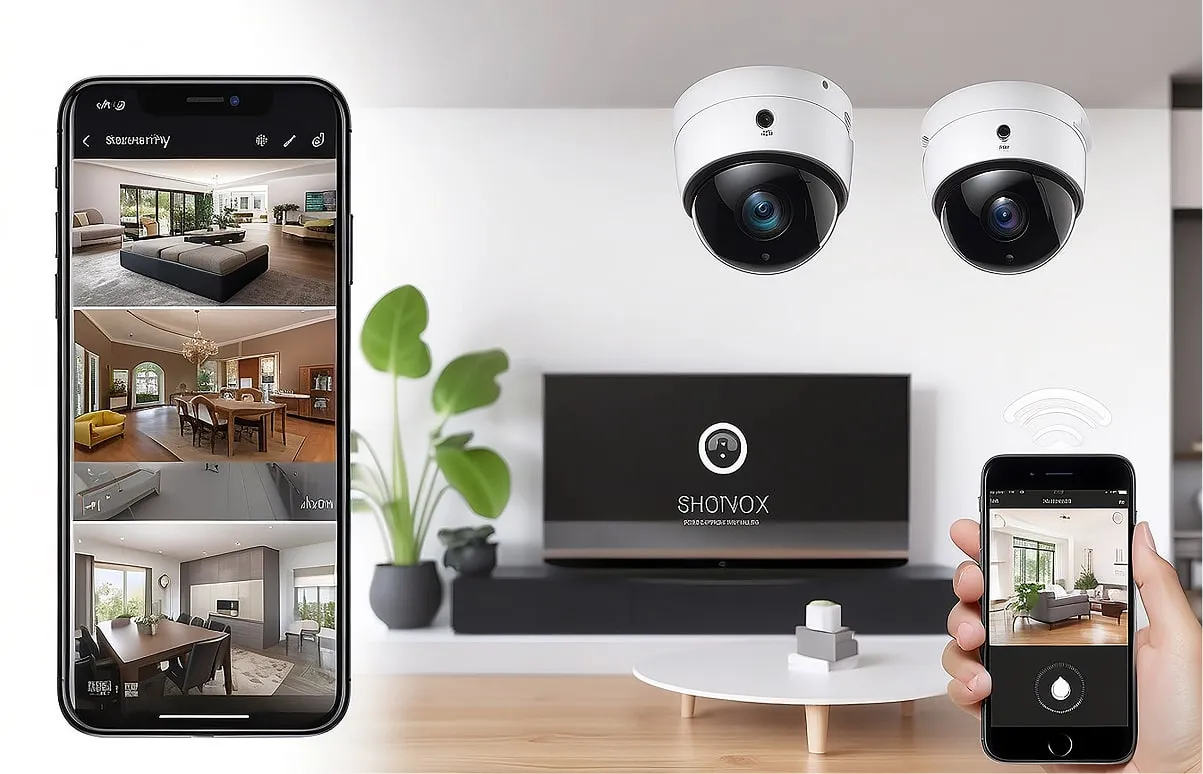 Smartphone showing CCTV camera views next to dome cameras