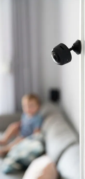 Indoor security camera mounted on a wall