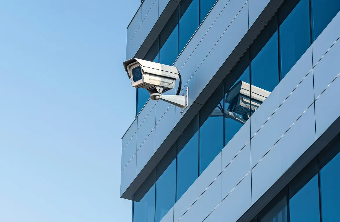 Glass office building with CCTV cameras
