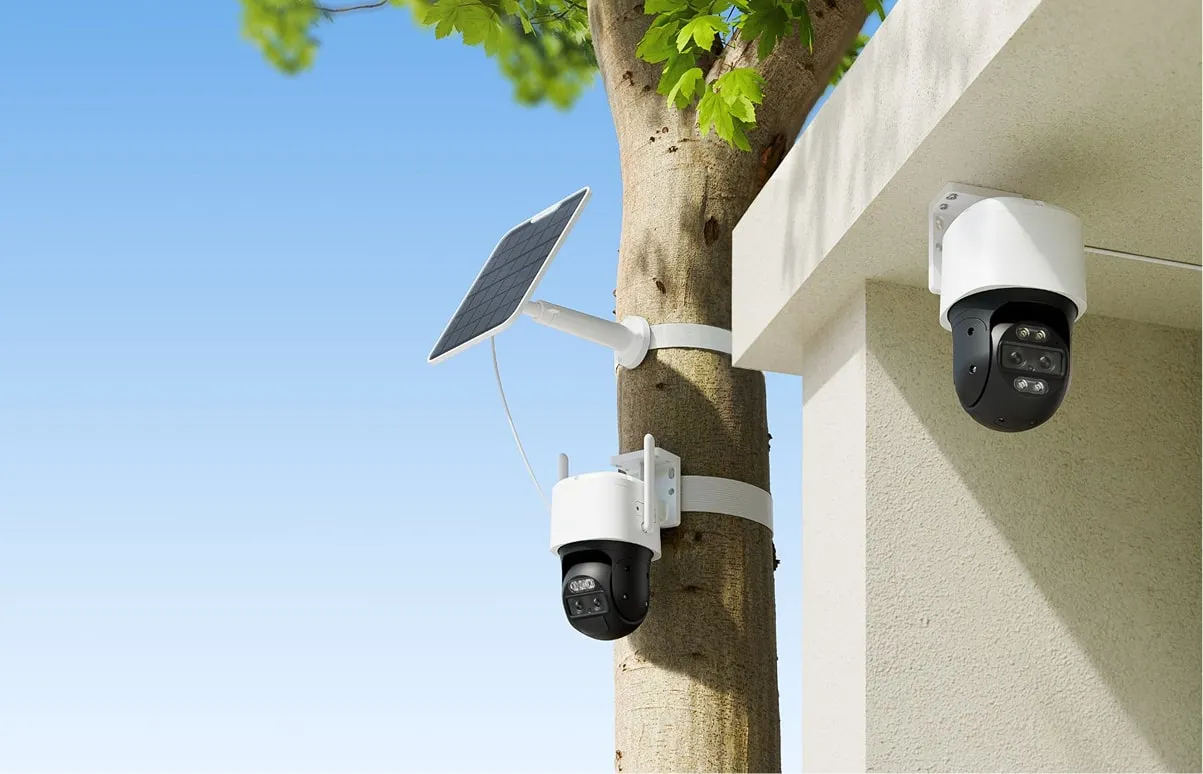 Outdoor security camera mounted on a wall