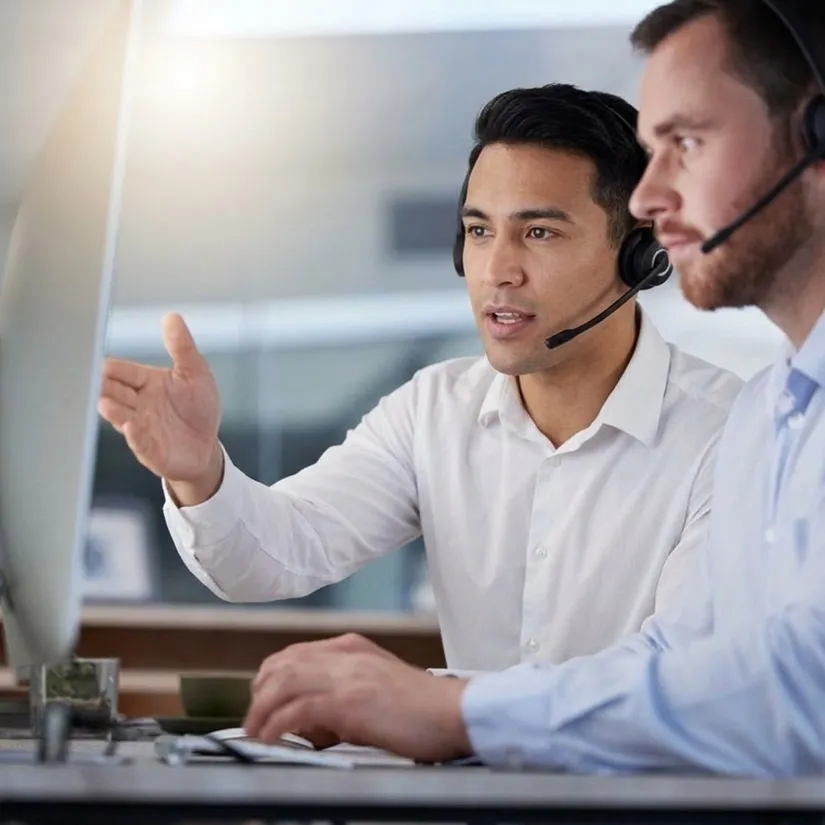 Customer support agent with a headset in an office