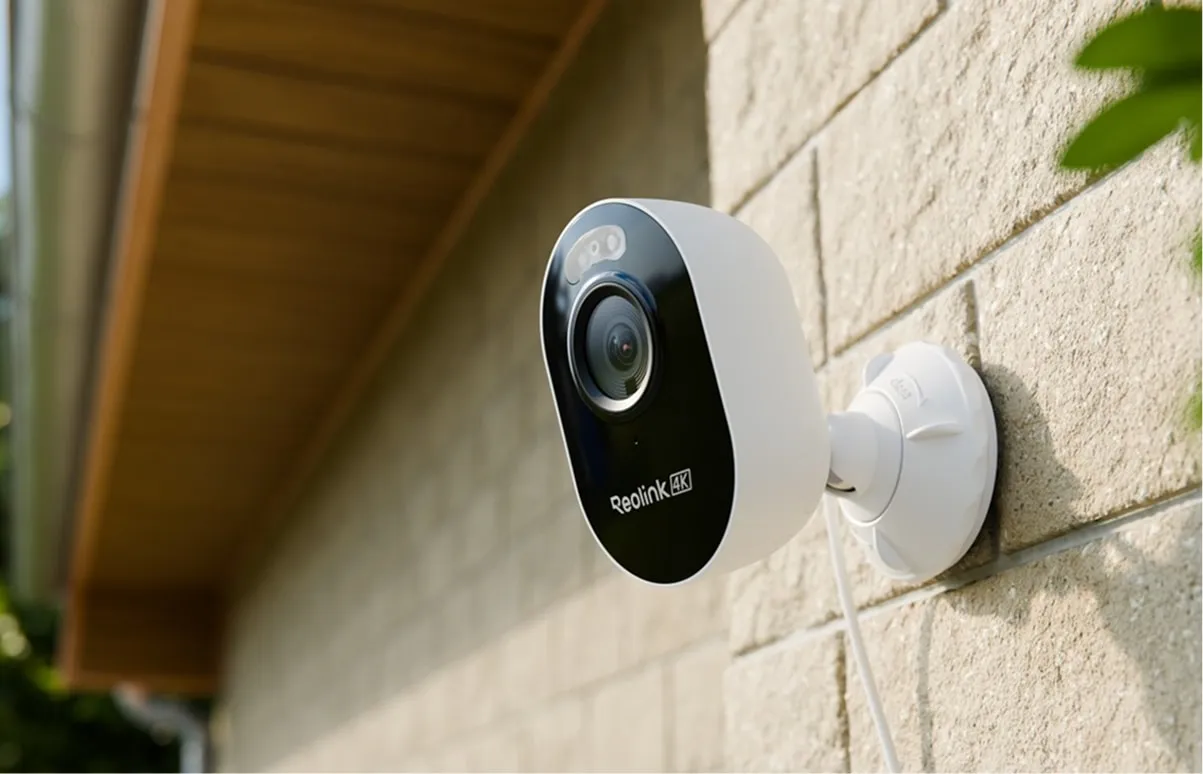 Wireless security camera on a brick wall