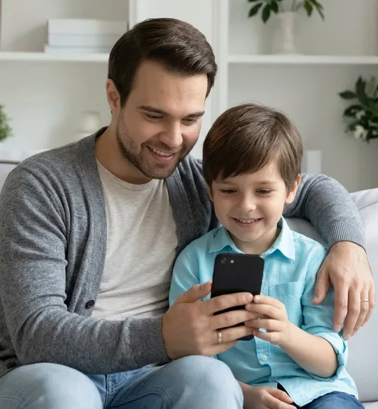 Parent and child checking a home security camera app